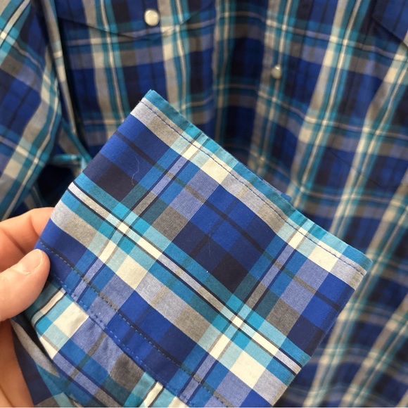 Wrangler Mens Shirts Size XLT Blue Plaid Pearl Snap 2 Front Pockets Long Sleeves - Picture 7 of 14